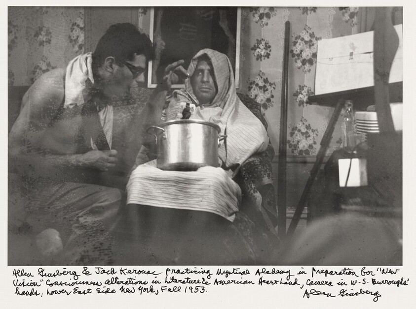 Allen Ginsberg & Jack Kerouac practicing Mystical Alchemy in preparation for "New Vision" Consciousness alterations in Literature & American Heart Land, camera in W.S. Burroughs' hands, Lower East Side New York, Fall 1953.