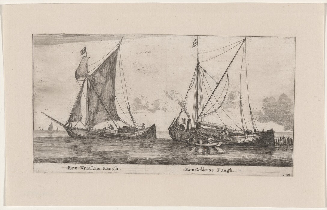 The image shows two sailing vessels docked side by side on the water. The horizon separates the sky and the sea, with a few distant sailboats visible. The etching has fine line work and cross-hatchings for texture on the sails and vessels. The color scheme is monochromatic in shades of gray and black. The boats and riggings are detailed, with soft clouds in the distance.