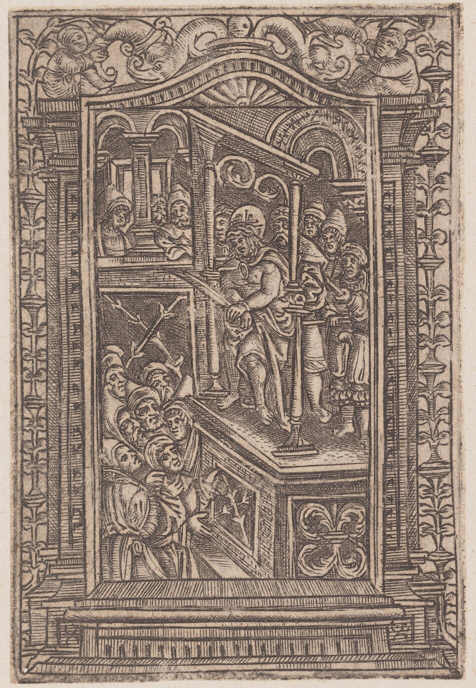 This is a drawing of an ancient architectural scene with figures in an ornate architectural setting. The image depicts a detailed environment that includes a group of figures gathered within, surrounded by arches, columns, and a decorative border. The scene is portrayed through a stylized style, with carvings and embellishments in the framing architecture, including floral and geometric patterns. The central figure is prominently placed on an elevated platform. The drawing's use of linework and shading techniques creates a sense of depth and complexity.
