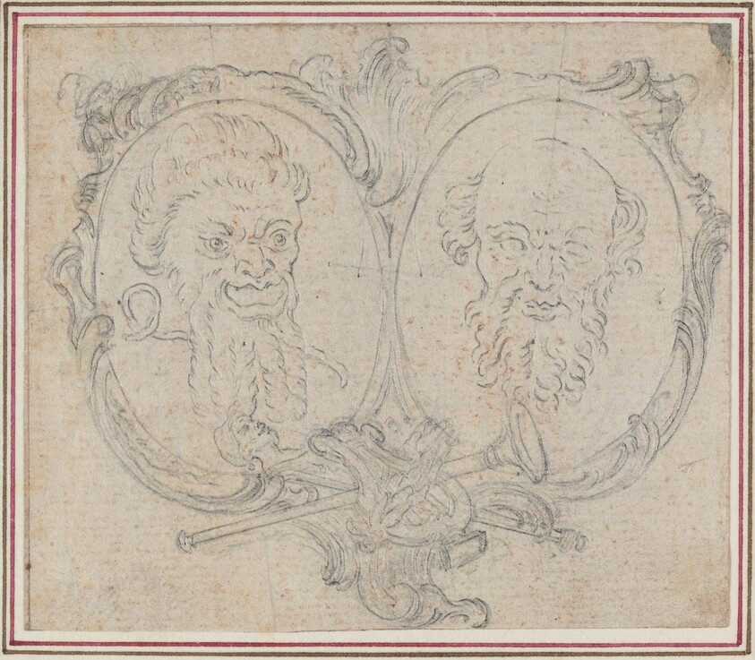 Double Cartouche with Two Heads and Symbols of Fame and Folly