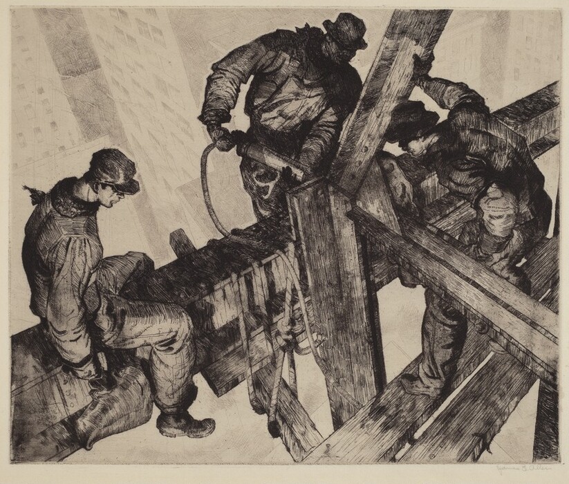 This is a drawing of construction workers on steel beams. The scene shows figures wearing heavy work attire, balancing on wooden beams or steel girders high above a cityscape. The drawing is detailed with dark, cross-hatched lines defining the contours and textures. The background hints at an urban environment, possibly with buildings in the distance, conveying a sense of height and an industrial setting. The clothing folds and tools depicted add to the dynamic realism of the composition.
