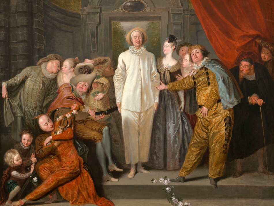 A man wearing loose, ivory-white clothing stands flanked by two groups of people in this horizontal painting. All the people have pale or peachy skin except for one person, who may have a brown mask. The man in the center, representing the character Pierrot, stands facing us with his hands by his sides. He has slightly bulging eyes, a bulbous nose, ruddy cheeks, and his full pink lips slightly smile. He wears a straw hat pushed back on his high forehead and a narrow ruffled collar around his neck. His shirt has long, voluminous sleeves and a row of small white buttons down the front. The pants are baggy and end abruptly above his white-stockinged ankles over white slippers. The fabric seems to have a sheen. In the shallow space behind him, a stone wall curves toward us to either side of a doorway that leads to a park-like setting. A crimson-red curtain is pulled to our right. Pierrot stands on the top of two steps, and the people to either side are arranged along the stage or the step that runs close to the bottom edge of the canvas. A spray of white flowers drapes down the front of the steps to our right of center. The group to our left has eight men, women, and children. Closest to us and in the lower left corner, a young man wearing a tomato-red jester’s costume trimmed with bells sits on the steps as he twists and looks back at the scene behind him. He holds a scepter or puppet in the shape of a doll-like jester. Two children gather at his feet. One weaves stems of white flowers together, and the other looks at us, smiling. Just above them another cleanshaven young man sits holding a lute in his lap. He wears a brick-red coat, brown breeches, and slate-blue stockings over crossed legs. He leans back and looks up and to our left, his round cheeks flushed. At the back of this group, two people wear tan-colored costumes covered in muted green and pink diamond shapes, and one might wear a brown mask. That person’s pink lips, black mustache and eyebrows, and black dots for eyes appear painted onto a hard, molded surface. The group of six people to our right stand on the same level as Pierrot. At the front of that group, a heavyset young man wears a gold-colored costume trimmed with black and a waist-length, Wedgewood-blue cape. He faces us but looks to our right as he leans back with one arm extended toward Pierrot. Beyond him are two woman and another person shown only from the neck up. The woman closest to Pierrot wears a pewter-gray gown with a scooped neckline. To the right of the man in gold is an old man with a long beard, wearing a black skullcap and cloak. He leans on a short staff and turns his head to look at the group. The last person on the far right is shown from the neck up and stands before the red curtain hanging from the upper right.