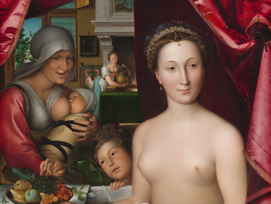 Red satin drapes are drawn back to either side of this vertical painting to reveal a nude woman with pale, white skin sitting upright in a narrow bathtub. The woman occupies the right half of the painting. To our left, another woman nursing a swaddled baby and a child, all also with pale skin, gather near the tub. The bathing woman’s body is angled slightly to our left but she looks into the distance to our right. She has a straight nose, small pink lips, dark eyes, and smooth skin. Her brown hair is pulled up under a jeweled cap, and she wears pearl earrings, a gold bracelet on each wrist, and a gold ring with a pink stone on her left pinky finger. She holds a carnation with her right hand, on our left. The inside of the tub is draped with white fabric, which folds over the sides. A bowl of fruit and flowers are scattered on what must be a board spanning the tub, which is also covered with a white cloth. From the far side of the tub, the child reaches for the fruit. The woman nursing the baby has one breast exposed but is otherwise fully dressed in a garment with red sleeves and a white cap. The woman has a prominent nose, and she smiles as she looks at us from the corners of her eyes. The room behind these women has fireplace with an ornate mantel and windows open to a landscape to our left. A picture showing a unicorn resting in front of a tree and a dark mirror hangs on the wall between the fireplace and windows. At a table placed in front of the fireplace, a third light-skinned woman leans over and lifts a jug.