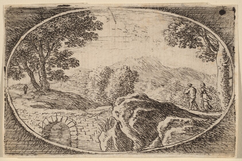 Two Figures near a Small Stone Bridge