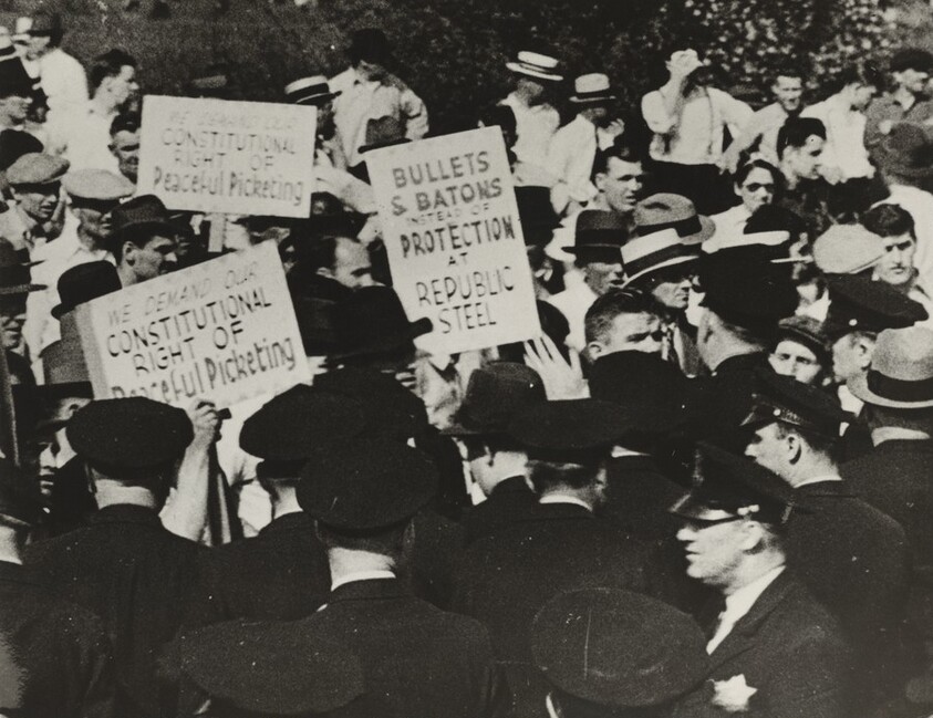 Title from caption on object: “Scene from Newsreel of Fatal May Day Steel Strike Riot”