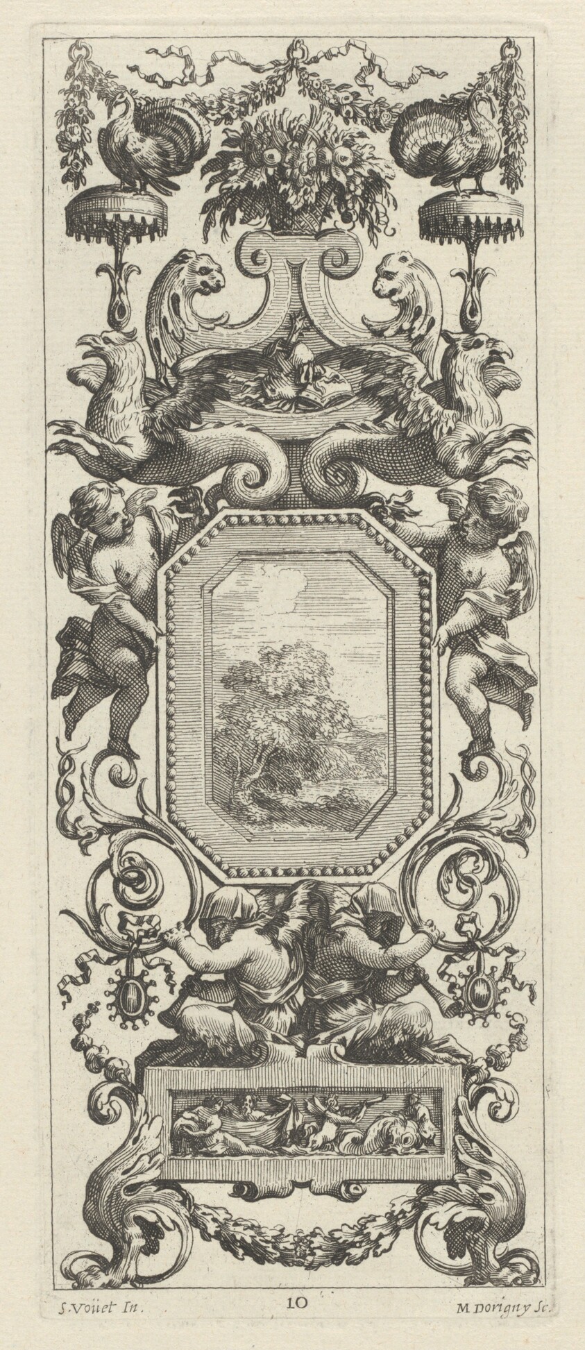Ornamental Panel Surmounted by a Basket of Flowers and a Garland