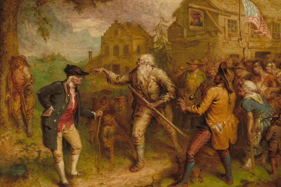 In front of a crowd of at least two dozen people, an old man with a long white beard and hair, wearing tattered clothing, points with a crooked finger toward another man in this horizontal painting. All the people have pale, peachy skin except one man with light brown skin at the front of the crowd, to our right. The men in the painting wear waistcoats or jackets, with pants that buckle at the knee over stockings. At the center of the painting, the white hair of the oldest man, Rip van Van Winkle, flies back from his balding head as he looks to our left with bulging eyes. He has a bulb-like nose and his mouth is open. He holds the long barrel of a rifle with one hand and points to our left with gnarled fingers with the other. His shirt, jacket, and pants are all parchment white, with gaping holes in the elbows and knees. One calf is covered in a tattered, sky-blue stocking and the other leg is bare. All ten toes poke out of worn, buckled shoes. Rip Van Winkle points and looks wildly at the man standing nearby, to our left. That man’s cheeks and hooked nose are flushed red. Facing our right in profile, he glowers at Rip Van Winkle under lowered brows, and his pink lips turn downward at the corner we can see. A white braid falls over the shoulder closer to us, and he plants the back of that hand on his hip. His other hand rests on a wooden cane. He wears a tricorn hat and a navy-blue jacket with large, silver buttons over a rose-red vest and white shirt. A gold object, perhaps a pocket watch fob, hangs at his hip over straw-yellow pants. A third man, to our right, looks on with one hand raised, palm facing out. He holds a long, silver pipe in his other hand. He has brown skin, a pointed nose, full, pink lips, and bulging eyes. A rolled-up paper is tucked into a pocket of his honey-brown jacket, and he wears brick-red pants with teal-blue stockings. The bottom edge of the paper reads, “seventy-six.” Another partially unfurled scroll at his feet reads, “ELECTION RIGHTS OF CITIZENS LIBERTY BUNKER’S HILL.” A man leans against a tree beyond this trio, to our left. To our right, a dense crowd of dozens of men, women, and children, painted more loosely and with more exaggerated facial features, are clustered before a tan-colored house with a stepped roof and a two-story inn. The latter has a sign hanging from the eave with a portrait of a man with white hair, wearing a military uniform. The sign is labeled beneath with “GENERAL WASHINGTON.” People look on from the upstairs windows. An American flag with thirteen stars flutters from a flagpole, which a boy climbs. A sign over the door reads, “THE UNION HOTEL BY JONATHAN DOODITTLE.” Another sign, partially cropped by the right edge of the painting, reads, “ELECTIO RIGHT OF CITIZ.” Lilac-purple clouds billow up over aquamarine-blue hills in the distance, against a blue sky. The artist signed and dated the painting as if he had inscribed a rock near the lower center, “J. Quidor, N.Y. 189,” the next to last number obscured.