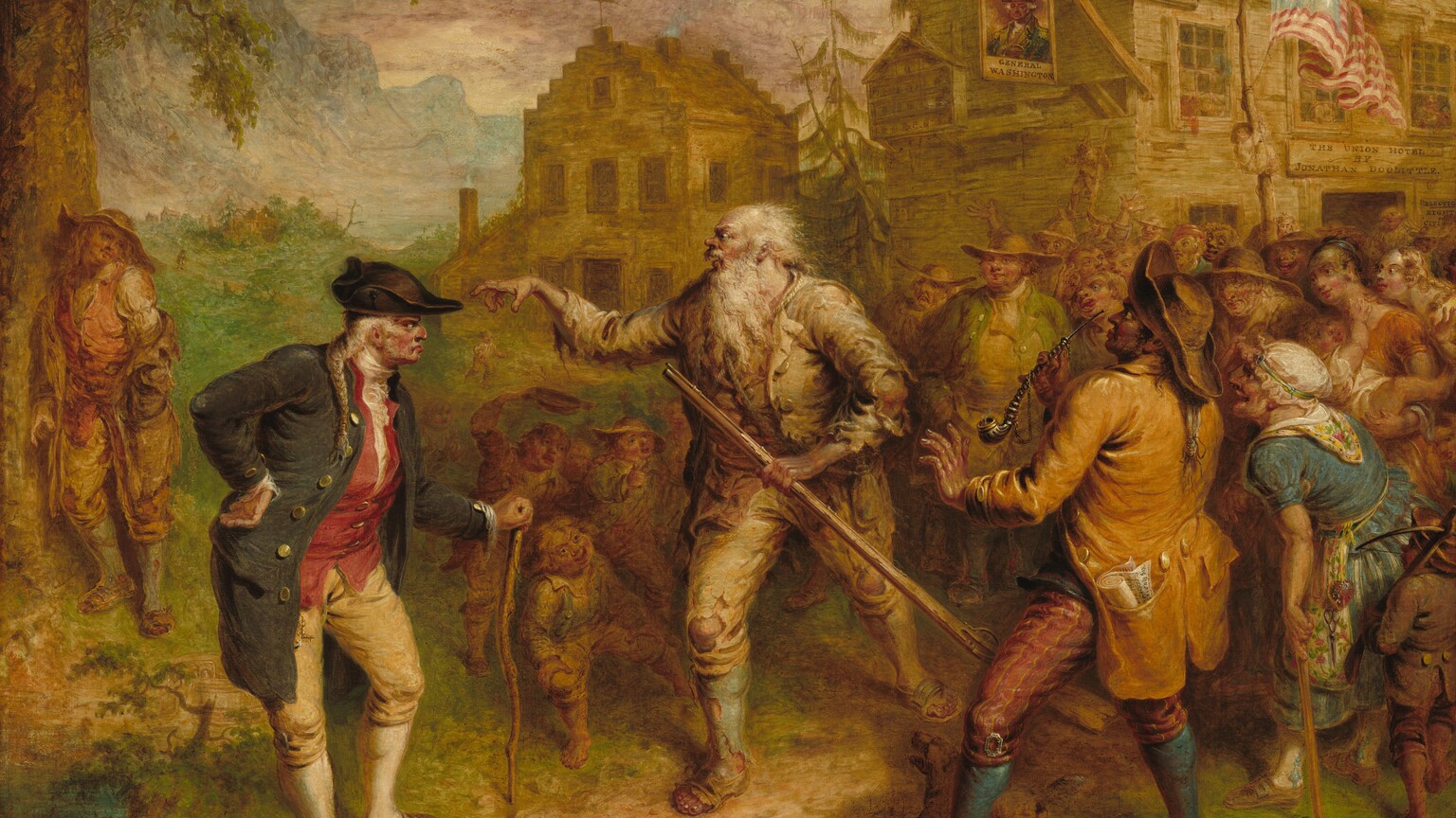 In front of a crowd of at least two dozen people, an old man with a long white beard and hair, wearing tattered clothing, points with a crooked finger toward another man in this horizontal painting. All the people have pale, peachy skin except one man with light brown skin at the front of the crowd, to our right. The men in the painting wear waistcoats or jackets, with pants that buckle at the knee over stockings. At the center of the painting, the white hair of the oldest man, Rip van Van Winkle, flies back from his balding head as he looks to our left with bulging eyes. He has a bulb-like nose and his mouth is open. He holds the long barrel of a rifle with one hand and points to our left with gnarled fingers with the other. His shirt, jacket, and pants are all parchment white, with gaping holes in the elbows and knees. One calf is covered in a tattered, sky-blue stocking and the other leg is bare. All ten toes poke out of worn, buckled shoes. Rip Van Winkle points and looks wildly at the man standing nearby, to our left. That man’s cheeks and hooked nose are flushed red. Facing our right in profile, he glowers at Rip Van Winkle under lowered brows, and his pink lips turn downward at the corner we can see. A white braid falls over the shoulder closer to us, and he plants the back of that hand on his hip. His other hand rests on a wooden cane. He wears a tricorn hat and a navy-blue jacket with large, silver buttons over a rose-red vest and white shirt. A gold object, perhaps a pocket watch fob, hangs at his hip over straw-yellow pants. A third man, to our right, looks on with one hand raised, palm facing out. He holds a long, silver pipe in his other hand. He has brown skin, a pointed nose, full, pink lips, and bulging eyes. A rolled-up paper is tucked into a pocket of his honey-brown jacket, and he wears brick-red pants with teal-blue stockings. The bottom edge of the paper reads, “seventy-six.” Another partially unfurled scroll at his feet reads, “ELECTION RIGHTS OF CITIZENS LIBERTY BUNKER’S HILL.” A man leans against a tree beyond this trio, to our left. To our right, a dense crowd of dozens of men, women, and children, painted more loosely and with more exaggerated facial features, are clustered before a tan-colored house with a stepped roof and a two-story inn. The latter has a sign hanging from the eave with a portrait of a man with white hair, wearing a military uniform. The sign is labeled beneath with “GENERAL WASHINGTON.” People look on from the upstairs windows. An American flag with thirteen stars flutters from a flagpole, which a boy climbs. A sign over the door reads, “THE UNION HOTEL BY JONATHAN DOODITTLE.” Another sign, partially cropped by the right edge of the painting, reads, “ELECTIO RIGHT OF CITIZ.” Lilac-purple clouds billow up over aquamarine-blue hills in the distance, against a blue sky. The artist signed and dated the painting as if he had inscribed a rock near the lower center, “J. Quidor, N.Y. 189,” the next to last number obscured.
