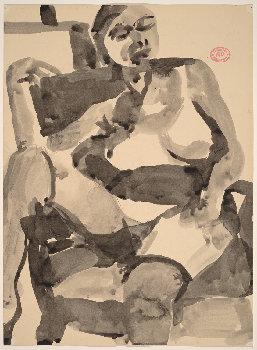 Untitled [seated female nude in stockings with right leg over chair arm]