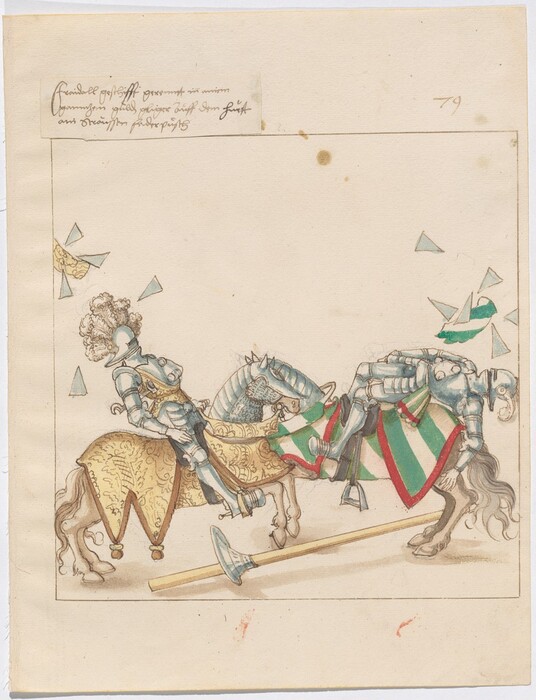 This is a painting of two knights in armor engaged in a jousting match. The scene illustrates a medieval joust, with both knights clad in ornate silver armor, depicted in full action as they collide. They ride horses, one with a golden covering and the other with a green and red striped cloth. The knights have been illustrated in a posture suggesting immediate impact; their lances are shattered, and pieces of armor appear to fly through the air. The surrounding elements, such as the scattered fragments, reinforce the moment of collision. This piece captures the excitement of a jousting tournament. It is in the style of a medieval manuscript or illustration.