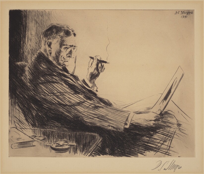 The image features a man seated in a chair, holding a cigar in his left hand and a sheet of paper in his right hand. He is dressed in a pinstripe suit jacket and is leaning slightly to his right. The background is nondescript.