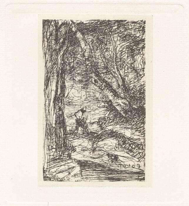 The image shows a forest scene with dense trees filling the frame. The artwork features sketch-like brushstrokes creating a textured and fluid motion. The color palette is monochromatic, using shades of black and white. There is a heavily shaded area at the base of the trees leading towards a winding path or stream. In the distance, a figure appears to move through the trees. The background fades towards an implied light source, possibly an open sky or clearing.