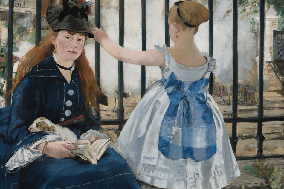 To our left, a young woman sits facing us on a low stone wall at the base of the vertical, black bars of an iron fence and a young girl stands facing away from us to our right in this horizontal painting. Both have pale skin. The woman looks directly at us with dark eyes as she holds an open book, a closed red fan, and a sleeping brown and white puppy in her lap. Her long auburn hair falls down over her shoulders. Her navy-blue dress is accented with white piping on the skirt, collar, and sleeves, and has three large, white buttons down the front and her black hat is adorned with two red poppies and a daisy. The girl wears a sleeveless white, knee-length dress belted with a marine-blue sash tied in a large bow at her back. The girl’s blond hair is pulled up and tied with a black ribbon. She raises her left hand to grasp the bar of the fence she faces. A bunch of green grapes lies on the low wall to our right. A plume of steam fills much of the space beyond the black fence, which spans the width of the painting and extends off the top edge. A few details can be made out beyond the fence, including a stone-gray building with two wooden doors to our left and a bridge along the right edge.