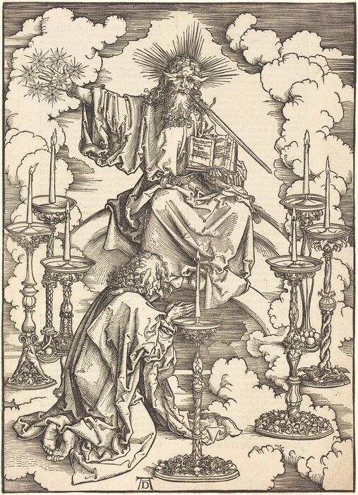 The image shows two figures. The primary figure is seated on a circular structure, with long hair and a beard. Lines radiate from the head, and the person wears a robe and holds an open book and a staff. The secondary figure kneels at the base, wearing a similar robe and holding a candlestick. Surrounding them are tall candlesticks with candles on stands. The background features swirling clouds.