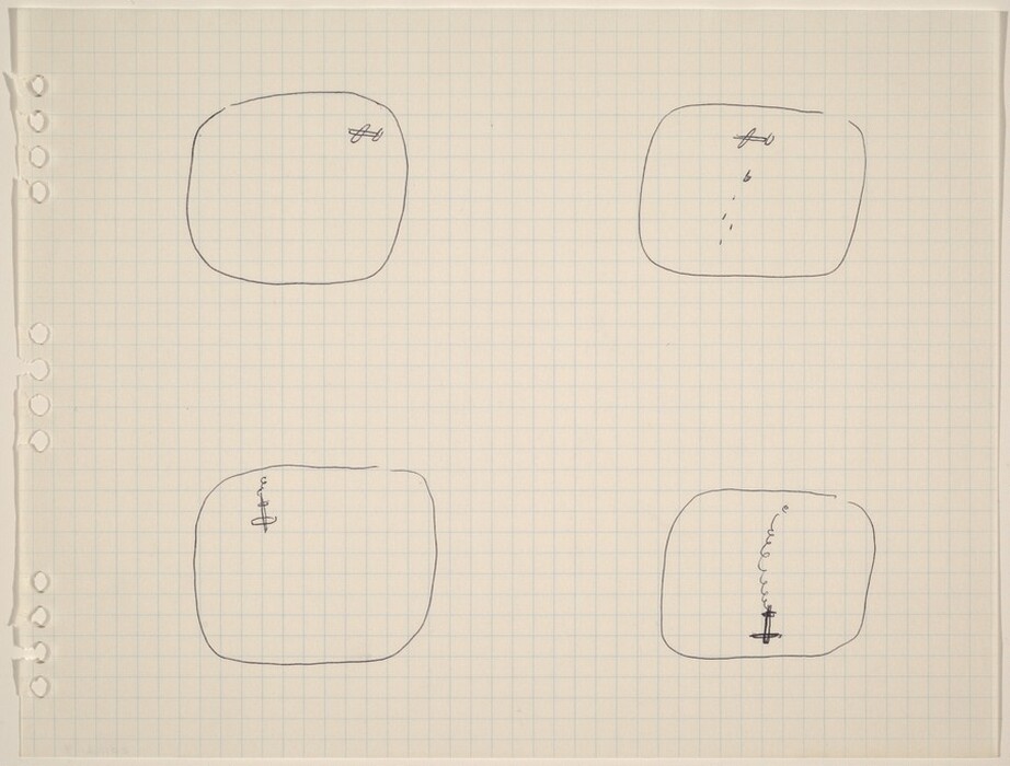 The image features four large, rounded squares placed in a two-by-two grid formation on graph paper. Inside each square are abstract lines and shapes. In the top left square, a small shape resembling a stylized airplane is drawn near the upper right area. The top right square also features an airplane shape with an abstract dashed line trailing downward. The lower left square contains another airplane-like shape with a vertical dashed line appearing beneath it. The bottom right square displays a more detailed design, with the airplane shape and a looping line beneath it.