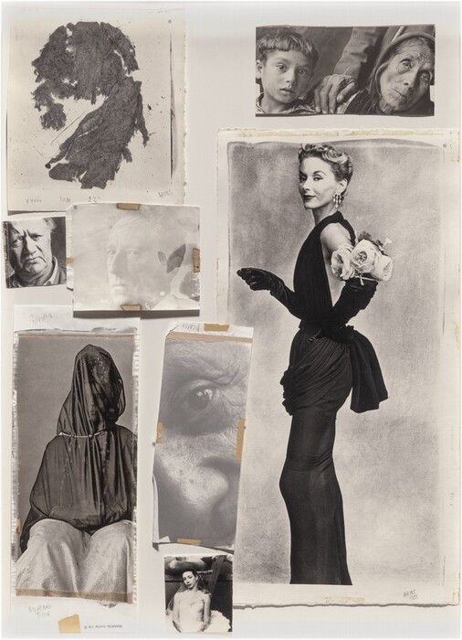 This is a photograph of a collection of black and white photographic prints arranged in a collage format. The composition features a large image of a woman in a sophisticated pose holding roses, clad in a form-fitting, elegant black dress and gloves. Surrounding this central figure are several smaller images, including a close-up of a person's eye, portraits of faces showing various expressions, an abstract texture resembling a leaf or a piece of fabric, and an image of an individual entirely covered by a dark cloth. The collage is meticulously arranged, with each smaller image taped to the backing.