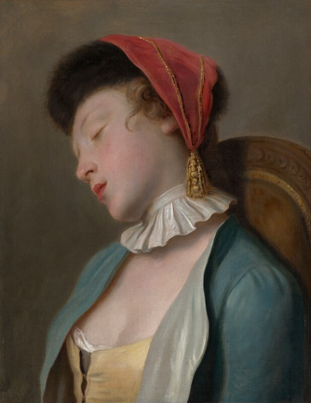 Shown from the chest up, a young woman with smooth, pale skin sleeps with her head tipped away from us in this vertical painting. Her face leans to our left so we see her delicate features in profile. She has faint brows, and her pink lips are parted. The tip of her nose and cheeks are also lightly flushed. Her brown curls are topped with a black fur cap, which is draped with a triangular, muted red cloth. The cloth comes to a point with a gold tassel, which hangs alongside her neck. A flaring, pleated, white collar encircles her neck, seeming unconnected to her other garments. Her topaz-blue bodice is open to show a butter-yellow corset beneath. The jacket is lined with cool, shimmering green. Her head tips alongside the arched, wooden back of her chair, which is upholstered with caramel brown edged with gold. The background is washed with tones of olive and dark green. The painting is created with blended strokes, giving it a soft, almost blurry appearance.