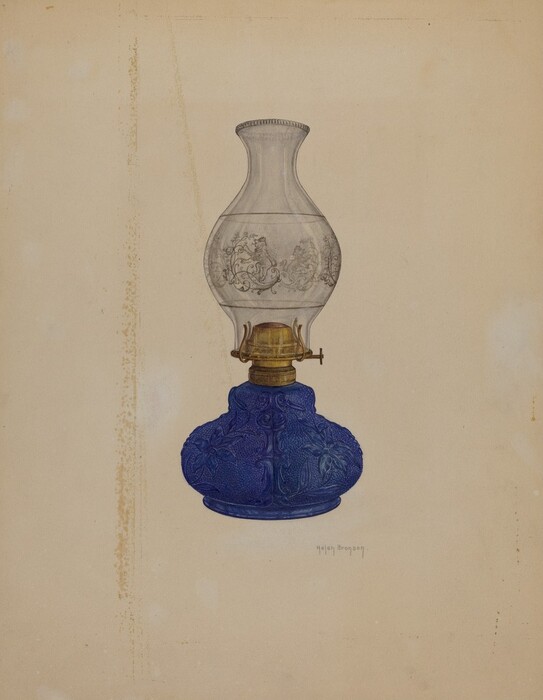 The image shows a vintage oil lamp with a transparent glass chimney and a deep blue base. The color palette includes neutral tones with a beige background, which contrasts with the vivid cobalt blue of the lamp base and the clear glass designs. The lamp is centered on the canvas, taking up most of the space, with the glass chimney tapering slightly and the blue base at the bottom.