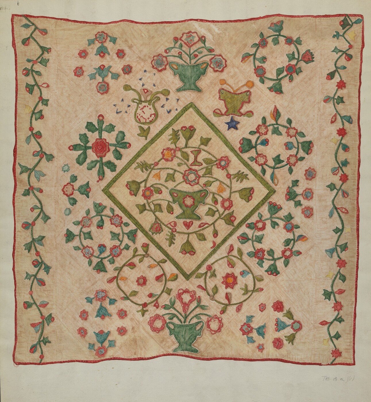 The image shows a square textile with embroidery. The textile features a green diamond shape in the center, filled with floral patterns and surrounded by various floral and vine motifs. The color palette consists mainly of greens, reds, oranges, and blues against a muted beige background. A green vase motif is centered near the top edge of the inner diamond, while smaller floral wreaths surround it symmetrically across the textile. Red and green vine borders frame the textile along all four edges.