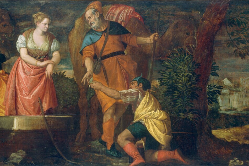 Three men, one woman, and three camels gather around the stone ledge of a well in this horizontal landscape painting. Along the left edge of the composition and on the far side of the well, a man with brown skin and short, black hair faces away from us as he reaches for the reins of two camels, one of which looks at or toward us. This man wears an emerald-green shirt under a canary-yellow tunic, which is tied in place with a strap over one shoulder. With her back to that man, a woman with pale, white skin stands angled toward the two light-skinned men who stand to our right, in the center of the painting. Light falls across this trio, and the woman’s face is especially bright against the muted blues of the sky behind her. Her blond hair is braided and coiled at the back of her head. Her white shirt has puffy, short sleeves, and is covered with sheer, gold fabric, like a vest. Salmon-pink fabric wraps across her shoulders and under her bust, and the light glints off the folds of her full, pink skirt. She touches her left wrist, to our right, with her other hand, and wears bracelets on both arms. A copper-colored pot sits on the ledge next to her, to our left. She looks toward a man who kneels as he holds up a handful of gold coins or jewelry. His body is angled away from us, and we see him in profile facing our left, the bottom of his face hidden by his raised arm. He wears a tunic striped with fawn brown and white, and short, teal-green pants come to mid-thigh. His knees are bare, and he wears peach-colored, shin-high boots. A buttercup-yellow robe is tied over one shoulder and around his waist, and he wears a close-fitting green cap, the same color as his pants. Just beyond him, a balding man with a trimmed, gray beard leans toward and looks at the woman. He wears an apricot-orange tunic under an ocean-blue cape. He gestures with one hand to the gold and props his other hand on a tall walking stick. A camel behind him faces our right in profile with coral-pink fabric draped over its hump. The camel’s head is near a tree with a bush growing at its base. A chest with a rounded top sits near the tree. Another camel peeks its face into the scene from the upper right corner, and a fifth drinks from another copper-colored vessel in the lower right. Gray rocks are scattered on the earth along the bottom edge of the painting, and a stick leans against the side of the well close to us. Beyond the tree and the camels to our right, a town with oyster-white buildings lines the horizon in the distance. The sky above is streaked with navy blue, steel gray, tan, and mauve pink. The weave of the canvas is visible in some areas, especially the sky.