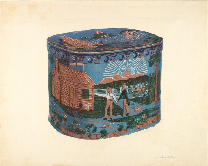The image features a tin canister adorned with a scene of two men shaking hands in front of a wooden cabin, with a dog and various elements of nature nearby. The color palette includes blue, green, brown, orange, and pink. The cabin is positioned to the left in the foreground, while the men and the dog stand centrally. The background shows a landscape with water and foliage, possibly depicting a sunset or sunrise. At the top of the canister, there are more landscape scenes continuing from the body.