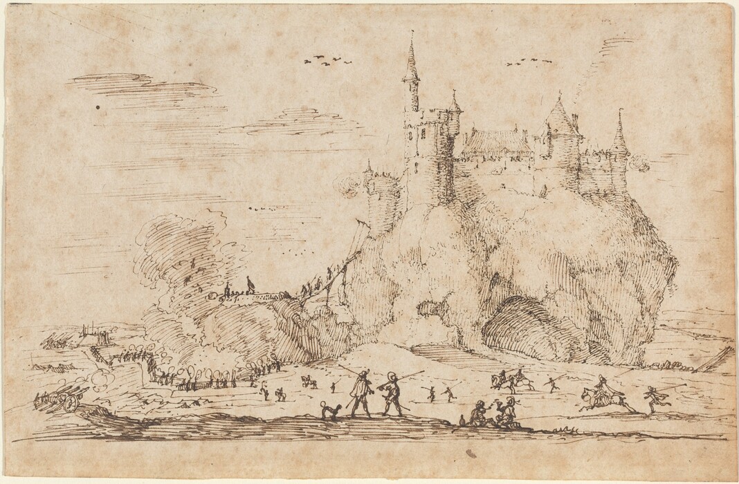 The image shows a medieval landscape with a castle on a cliff in the distance. The drawing is in ink with detailed linework and hatching for texture. The color palette is monochromatic in brown and black. People are active in the foreground, and a pathway leads to the castle where figures are approaching. The sky is lightly sketched with some clouds and birds flying.