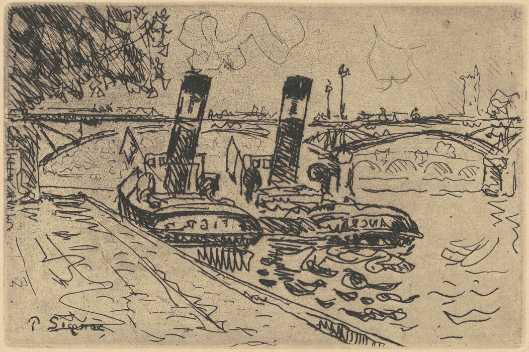 The image displays a river scene with boats on the water, a bridge in the distance, and urban structures hinted at by sparse strokes. The illustration style features expressive cross-hatching in black ink on a sepia background, creating a vintage atmosphere.