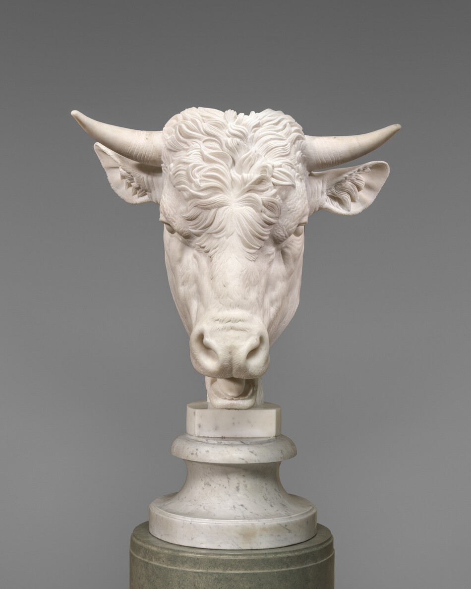 The sculpture is a detailed representation of a bull's head. The bull is depicted with pointed horns, a strong brow, and a textured mane of wavy fur on the top of its head. It looks out at us, with its mouth open to reveal stubby teeth and a lolling tongue. The sculpture is positioned on a tall pedestal and is primarily white in color.