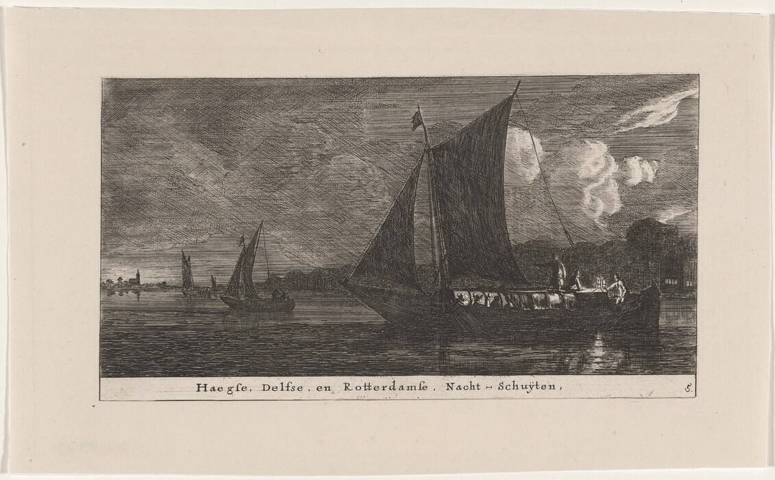 The image depicts a waterfront scene with buildings, trees, a church spire on the horizon, and boats in the water. The artwork showcases a precise etching style with detailed lines, cross-hatching for shading, and a monochrome color palette of black and white tones. Small boats are visible on the left side of the image under a cloudy sky.