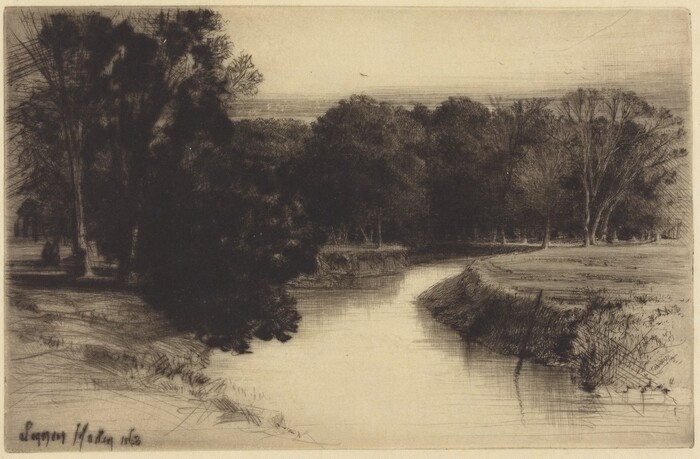 The image shows a landscape featuring a river winding towards the horizon. A line of trees silhouettes against the sky, adding depth to the scene. The riverbank is detailed with vegetation, leading the viewer's eye into the image. The trees are depicted with delicate strokes, creating texture. The color palette consists of sepia or dark brown tones, enhancing the serene atmosphere of the etching.