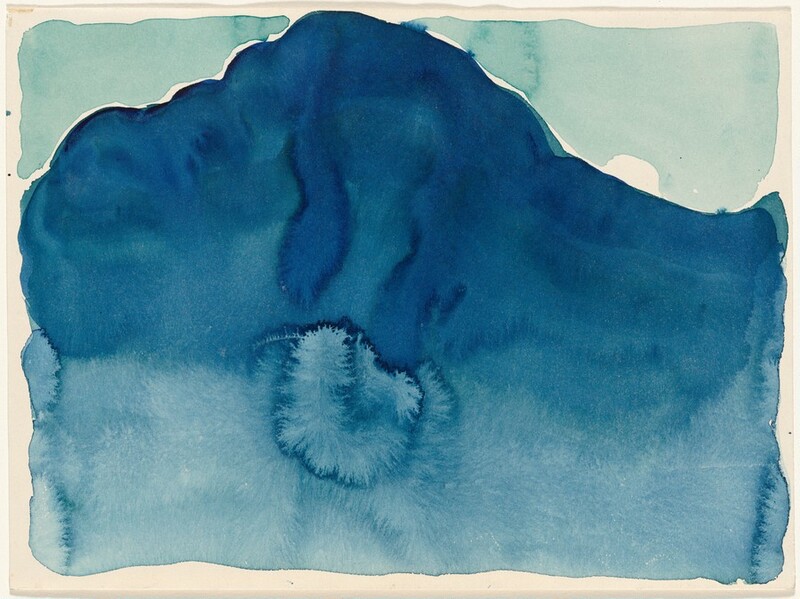 Pools of sapphire, aquamarine, and cobalt-blue watercolor puddle and bleed together in this abstract painting on paper. Most of the horizonal sheet is taken up with a dark blue form reminiscent of a hill. The upper corners of the sheet are painted powder blue, suggesting sky. The sheet is edged with the white of the paper, and the darker and lighter blue areas are also mostly separated by a thin white line.
