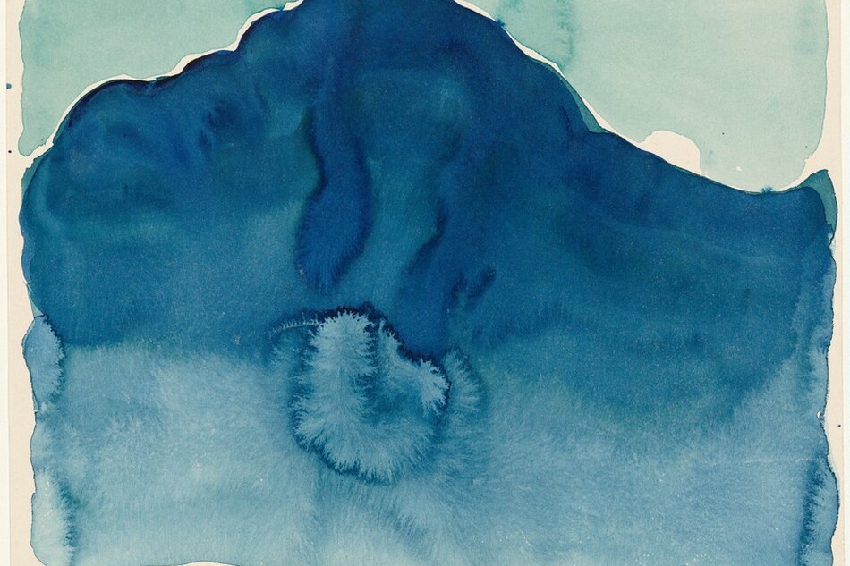 Pools of sapphire, aquamarine, and cobalt-blue watercolor puddle and bleed together in this abstract painting on paper. Most of the horizonal sheet is taken up with a dark blue form reminiscent of a hill. The upper corners of the sheet are painted powder blue, suggesting sky. The sheet is edged with the white of the paper, and the darker and lighter blue areas are also mostly separated by a thin white line.