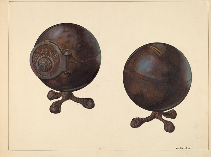 The image shows two spherical objects with a metallic and rust-like texture, each on a tripod base. The object on the left has a circular emblem or lock labeled "THE GLOBE." The color palette includes shades of dark brown, black, and hints of metallic tones. The spheres are positioned on the left and right sides of the image, with the left sphere rotated to display the emblem, while the right sphere is viewed straight-on.
