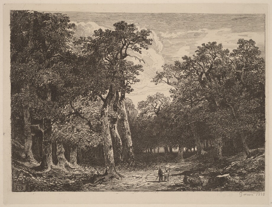 The image shows a path going through a dense forest with tall trees dominating the scene. The horizon is low, obscured by the woods, placing emphasis on the sky above with soft clouds. The brushstrokes are detailed, capturing textures of foliage and tree bark. The color palette is monochromatic with shades of black and white for contrast between shadows and light. Two small figures can be seen walking along the path in the distance under the canopy.