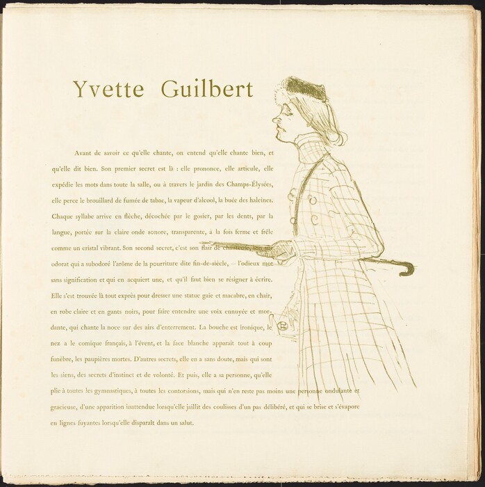 This is a drawing of a woman with text about Yvette Guilbert. The image depicts a detailed sketch of a woman in profile, wearing a checked coat and hat, and holding an object that appears to be an umbrella. To the left of the figure, there is a large block of French text, which includes the name "Yvette Guilbert" prominently displayed at the top. The drawing is part of a printed page, suggesting it might be from a book or an illustrated publication. The use of minimal shading and lines gives the illustration a simplistic appearance.