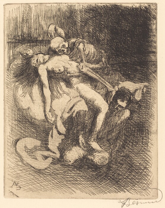 The image depicts a human figure being held by a skeletal figure. The human is reclining and limp, with closed eyes and long hair. The surroundings are shaded with cross-hatching, creating a dark background.