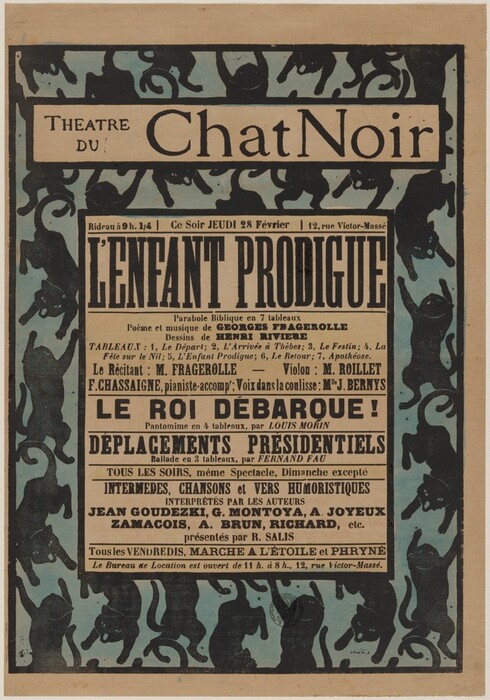 This is a painting of a vintage theater poster. The poster advertises performances at "Theatre du Chat Noir" and features silhouettes of black cats against a light blue background. The central text block lists shows with titles such as "L'ENFANT PRODIGUE" and "LE ROI DEBARQUE!" indicating organized performances of musical and theatrical compositions. The borders of the poster display silhouettes of cats. This is in the style of Henri de Toulouse-Lautrec, known for his poster art with graphic designs and depictions of Parisian nightlife.