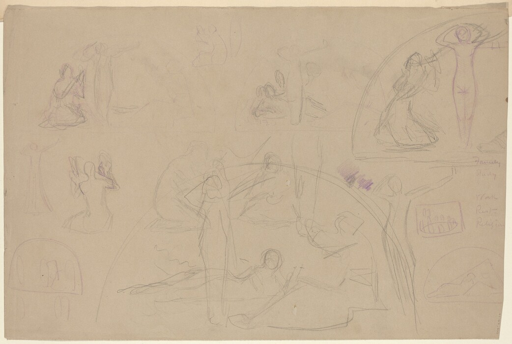 This is a drawing of multiple sketched figures. The page is filled with lightly sketched outlines depicting human forms in various poses, some sitting, others standing. The lines are delicate, and the figures are rendered with minimal detail, primarily conveying posture and movement. Some areas of the drawing include overlapping arcs. In the bottom right corner, there are subtle hints of shading. The overall appearance suggests it is a preparatory sketch that could serve as the groundwork for a more detailed piece.