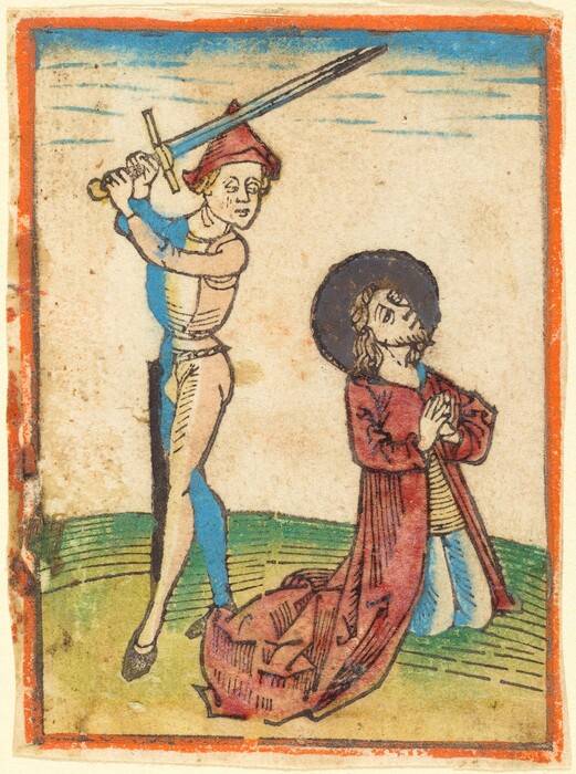 This is a drawing showing a scene with a figure holding a sword above their head and another figure kneeling. The standing figure has a drawn sword, wearing a pointed hat, while the kneeling figure is dressed in a long robe with clasped hands and a serene expression. The kneeling figure has a halo around their head. The background is suggested with simple sketched lines, framed in red.
