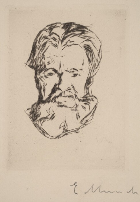 The image shows a sketch of a person's face in a sculptural, abstract style. The face is depicted with strong, aged features and expressive, tousled hair. The drawing is done on plain beige paper, focusing solely on the face with no additional details. An artist's signature is visible in the bottom right corner.