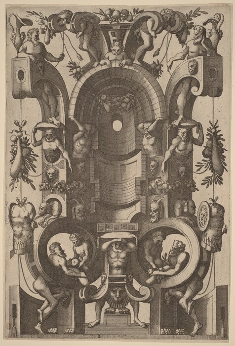 The image displays a complex arrangement of curving lines and architectural forms creating an intricate pattern. This abstract composition contains a network of human figures, some intertwined with scroll-like elements. The central archway resembles a grand, ancient theater or temple, while the figures engage in various activities. Twisting vines and ornamental details surround the figures, creating a mythical structure adorned with human and plant elements.