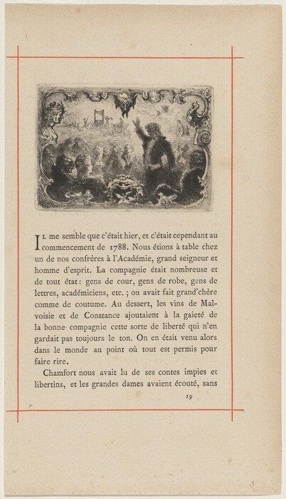 This is a drawing of a decorative illustration incorporated into a page of text. The artwork features an ornate, intricate border encircling a scene depicting several figures in the foreground, while architectural elements or monuments appear faintly in the background. The frame comprises scrolling motifs and possibly mythological or symbolic creatures, adding to the opulent and classical aesthetic of the composition. Below the illustration, there is a block of text formatted in an old-style serif typeface typical of printed materials from a historical text or manuscript. The page is presented in a formal layout, with red lines marking margins or guidelines.