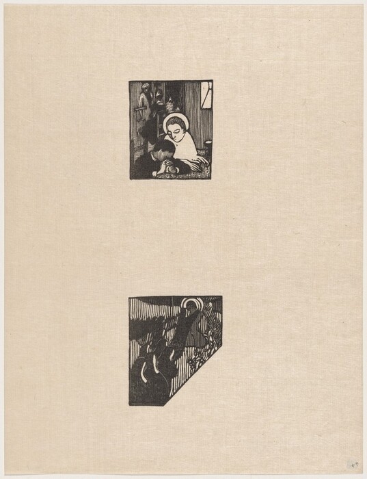 The image contains two small black and white square prints, each featuring intricate abstract lines and shapes. In the upper print, curved and straight lines create a scene reminiscent of a mother cradling her child within a small, enclosed space, framed by a window. The lower print's abstract composition suggests silhouettes of figures merging with angular forms, with a pattern resembling a striped background and shapes that could be interpreted as musical instruments or dancers.