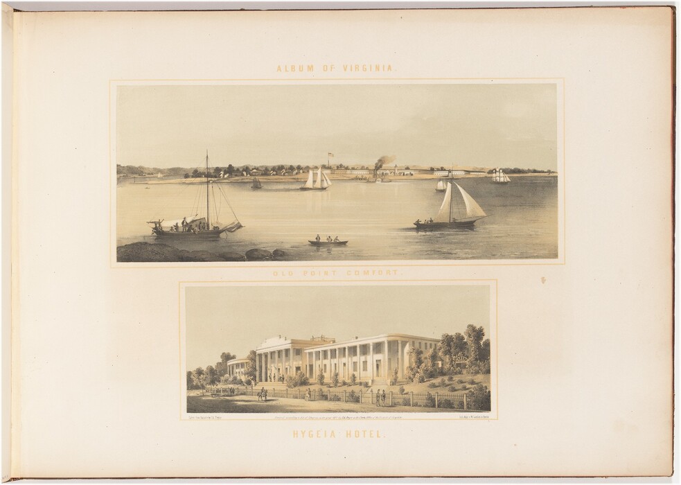 The image features two views in sepia tones. The top image shows a seaside scene with sailing boats, structures on the shoreline, ships in the distance, and figures near the shore. The second image shows the Hygeia Hotel from the side, with colonial architecture, people walking along a path, and foliage surrounding the building. Both images have fine, detailed brushstrokes.
