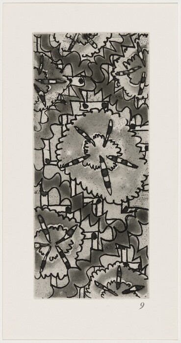 The image displays a complex arrangement of lines and shapes, including scalloped circular forms and jagged edges, creating an abstract pattern. The scalloped circles resemble flowers or gears, while the jagged lines could be seen as lightning bolts or zippers interlocking. Within the circles are elongated shapes with dark segments that might remind one of paintbrushes or pointed arrows. The composition has a layered effect, with varying shades of gray providing depth and texture to the overall abstract image.
