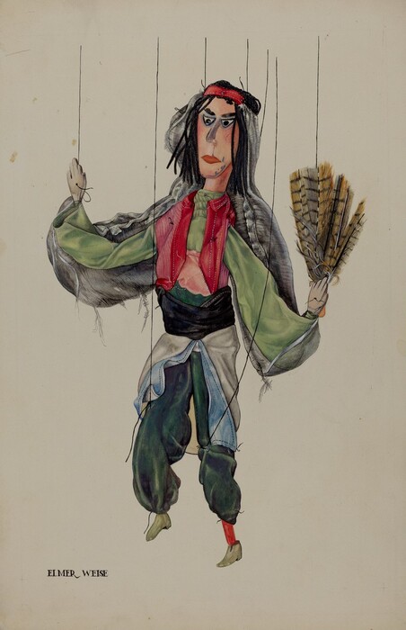 This is a drawing of a puppet figure. The figure is depicted as a marionette, suspended by strings attached to its hands, head, and feet. It is dressed in a colorful and elaborate costume consisting of a red and green top, a black sash, and voluminous pants in shades of blue and green. The puppet has exaggerated facial features with long, dark hair and is holding a fan in one hand. The strings suggest manipulation and control, typical of a marionette puppet. The overall composition focuses on the essence of puppetry arts.