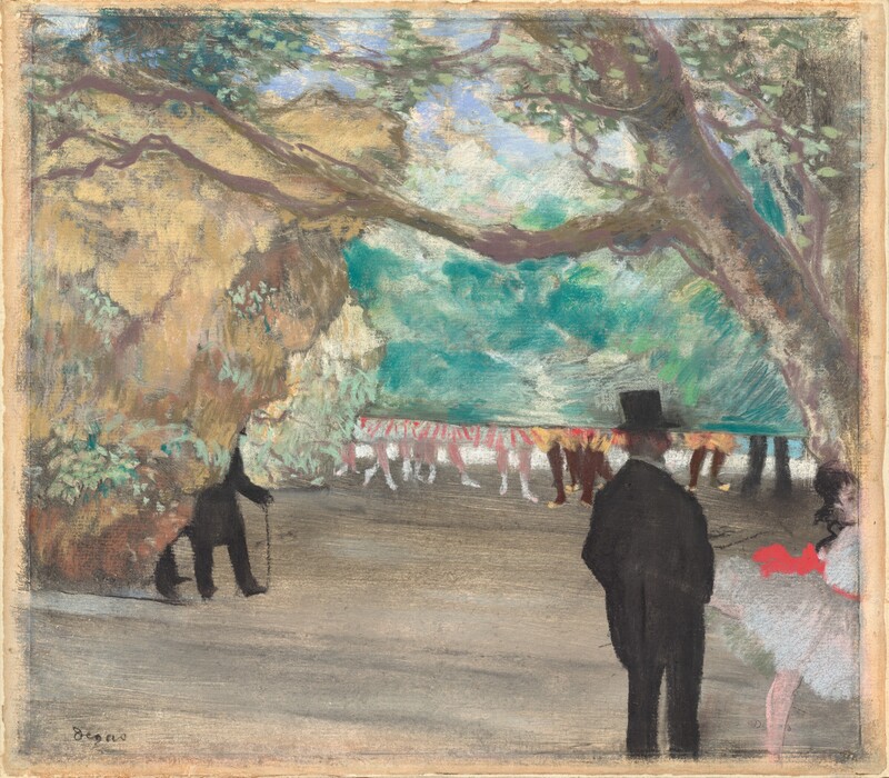 At least three men in black suits, one wearing a top hat, and a ballerina wearing a white costume, all stand among a theater set with a painted, partially raised backdrop across the background in this nearly square pastel over a monotype print on paper. The scene is loosely drawn so many details are difficult to make out. The man we see the most of is shown from the ankles up, standing near the lower right corner of the composition. He faces away from us with his hands in his pockets. The ballerina stands facing our right next to him, and she is cut off by the right edge of the composition. She has pale skin and dark hair, and a black ribbon is tied around her neck. She wears a knee-length white tutu with a crimson-red sash tied around the waist of the white bodice. One pink leg raised parallel to the ground disappears behind the man in black. The stage beneath them is streaked with sand brown and pale gray. A tree trunk and branches leans into the scene from the upper right corner. Part of a stage set painted with mostly straw yellow with touches of mint green screens off the view to our left. Two sets of black suit pants show that a pair of men stand behind it, facing the back of the stage. One of them rests his hand on a cane. The backdrop across the back is painted with greenery below a blue sky. In a gap between the lower edge of the backdrop and the stage, about ten pairs of legs, clad either in pink stockings with white shoes or brown stockings with yellow shoes, are visible from the thighs down. One more pair of black, trouser-covered legs stand with feet planted at hip width, to our right. The artist signed the work in black letters near the lower left corner, “Degas.”