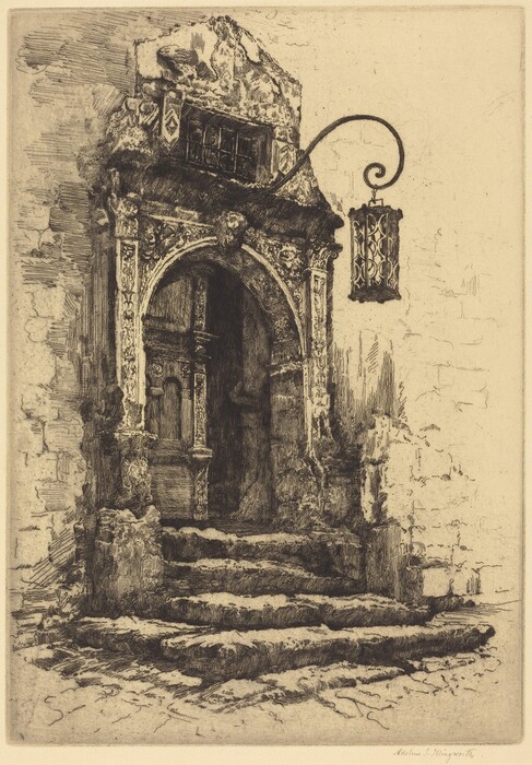 This is a drawing of an ornate doorway with steps leading up to it. The drawing depicts a detailed and intricately carved entrance, showcasing architectural elements including archways and decorative stone carvings. The steps leading up to the doorway are uneven. A lantern hangs from a wrought iron bracket. The textures in the drawing highlight the ruggedness of the stone and the elaborate designs.