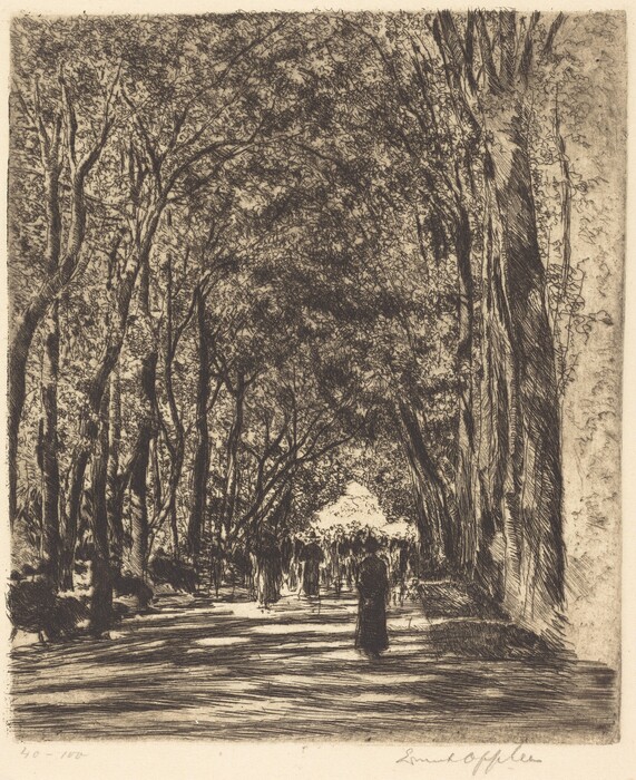 The image displays a tree-lined pathway from a slightly elevated point of view. The horizon is formed by the arching branches of the trees, guiding the eye toward the sky. The scene is captured in an etching style with intricate cross-hatching and line work creating texture and depth in the foliage and shadows. The color palette is monochromatic, using shades of sepia for contrast. Individuals can be seen walking along the path, their forms outlined by linework that adds to the interplay of light and shadow.