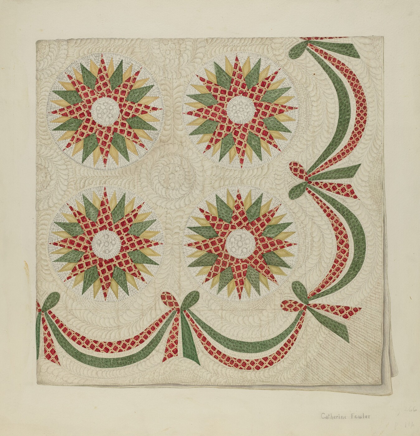 This is a drawing of a quilt design featuring four circular floral patterns and draped ribbon motifs. The quilt pattern consists of four large, floral-like circular motifs arranged in a grid. Each circular motif is composed of alternating red and green pointed shapes with inner red lace-like details forming the petals of the floral design. The background is filled with intricate, swirling quilt-like stitching patterns, providing a textured appearance. Along two edges, there are decorative ribbons that curve gracefully, alternating between red and green, with bow-tie embellishments. The overall design is symmetrical and detailed, showcasing a combination of geometric precision and decorative artistry.
